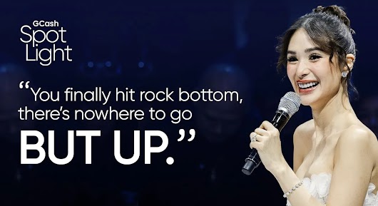 The video thumbnail shows a formal portrait of celebrity Heart Evangelista dressed in an elegant gown during the "GCash Spotlight" interview.