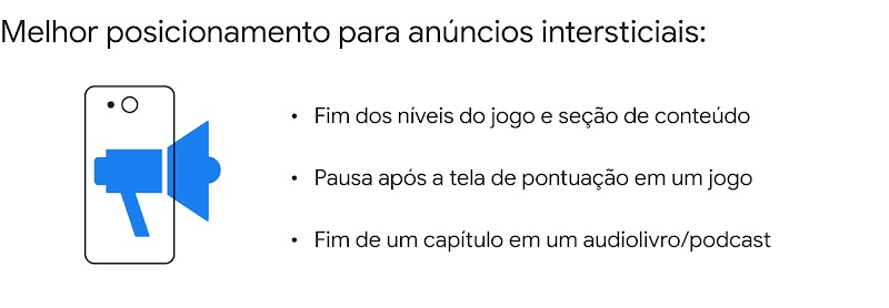 O destaque mostra o melhor posicionamento para anúncios intersticiais. Fim dos níveis do jogo e seção de conteúdo. Pausa após a tela de pontuação em um jogo. Fim de um capítulo em um audiolivro/podcast