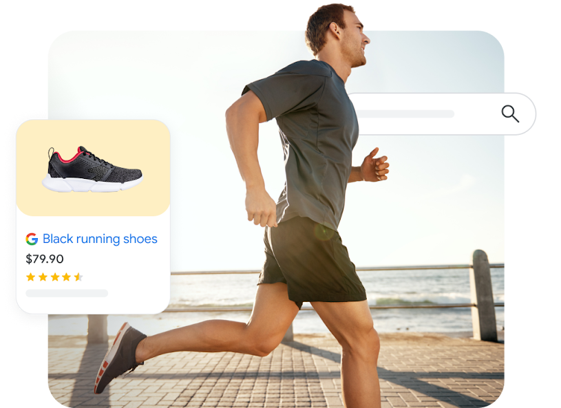 Running men with search bar and shopping ads showing a display of a running shoe