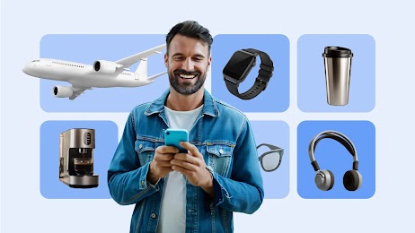 Un hombre sonriente con chaqueta de jean usa su celular. De fondo, recuadros azules muestran productos y servicios de consumo: un avión, un reloj inteligente, un termo, una cafetera, unas gafas de sol y unos auriculares.