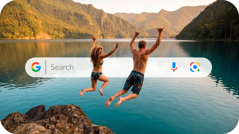 Two people in swimwear jump off a rock into a turquoise lake surrounded by mountains. A Google Search bar is superimposed over the scene.