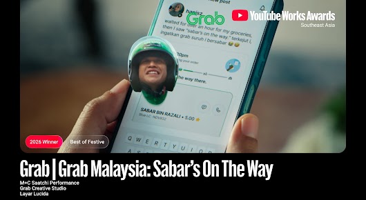 YouTube Works Awards Southeast Asia 2026 Winner card for the 'Best of Festive' category, showcasing Grab Malaysia’s campaign 'Sabar’s On The Way' by M+C Saatchi Performance, Grab Creative Studio, and Layar Lucida. The visual depicts a hand holding a smartphone showing a humorous customer interaction with a Grab driver named Sabar.