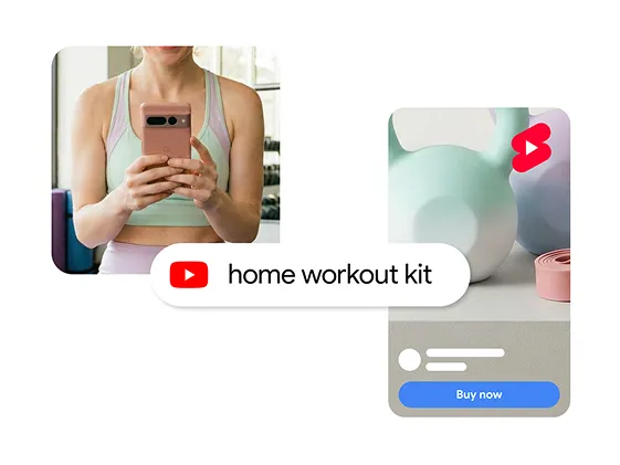 Graphic showing a social media–style product ad layout: on the left, a woman in athletic wear takes a mirror selfie while holding a phone, labeled “home workout kit” with a YouTube icon; on the right, a minimalist product card featuring pastel fitness equipment, a red Shorts-style icon, and a “Buy now” button.