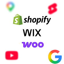 Logo platform e-commerce Shopify, Wix, dan WooCommerce yang berada di tengah latar belakang putih, dikelilingi oleh ikon buram untuk Google Maps, YouTube Shorts, YouTube, dan Google.