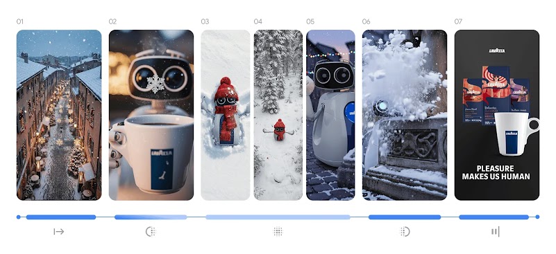 Storyboard a sette fotogrammi di un video. Mostra una scena urbana invernale, Luigi il piccolo robot bianco che sorseggia un caffè Lavazza in una tazza con marchio, un pupazzo di neve e una pubblicità finale di caffè Lavazza.