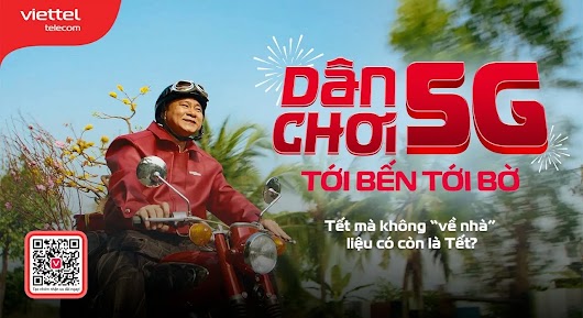 A Viettel Telecom promotional thumbnail featuring a man riding a red motorcycle next to large red text that reads "dân CHƠI 5G TỚI BẾN TỚI BỜ"