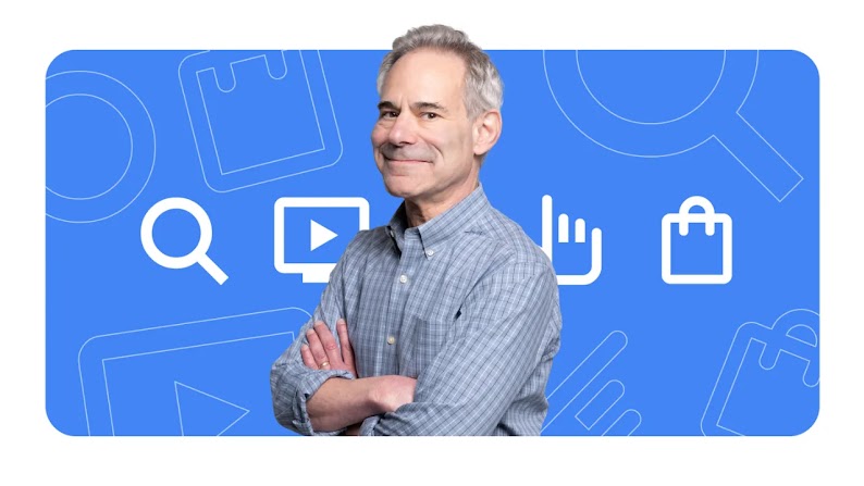 David Edelman, auteur de best-sellers, conseiller exécutif et chercheur à la Harvard Business School, apparaît en buste devant un arrière-plan bleu comportant des icônes d'internet. Il a la peau claire, les cheveux gris, et porte une chemise à carreaux bleu clair. 