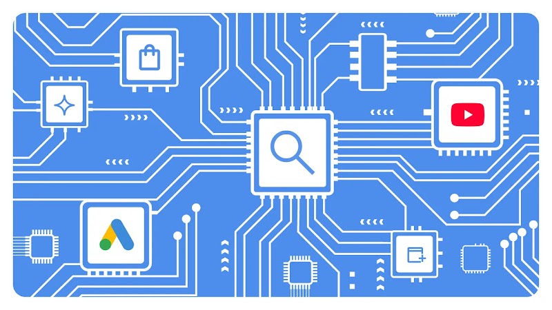 Ilustração de uma placa de circuito impresso azul onde os microchips contêm ícones de serviços do Google. O chip central exibe a lupa do Google Search e está conectado por trilhas a outros chips com os logotipos do YouTube, Google Ads, Google Shopping e Gemini.