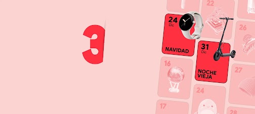 3. Una cuadrícula de calendario roja, con un reloj inteligente en las casillas del 24 de diciembre (navidad) y una patineta eléctrica el 31 de diciembre (noche vieja). Otros regalos navideños llenan las casillas del fondo.