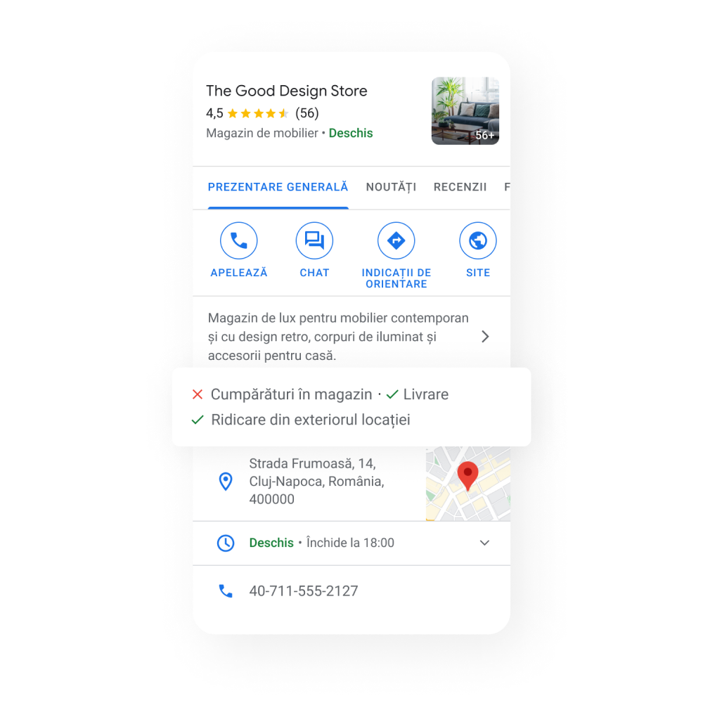 Imagine cu afișarea Profilului de companie pe un dispozitiv mobil care scoate în evidență că unele opțiuni ale companiei precum „ridicarea din exteriorul locației” și „livrarea” sunt disponibile, iar opțiunea „cumpărături în magazin” nu este disponibilă. Ore de deschidere și de închidere și parteneri disponibili pentru Comandă cu ridicare și livrare.