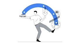 Un uomo si trova al centro di un’illustrazione. Tiene in bilico delle icone che mostrano, a partire da sinistra: un’auto, una presa delle corrente, un portafogli e un mazzo di chiavi. Una forma circolare in blu collega le quattro icone.