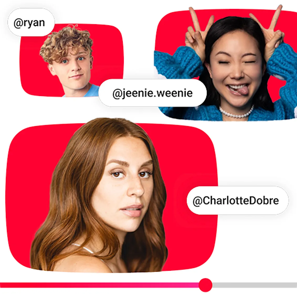 Three diverse YouTube creators shown in individual stylized frames, layered over a vibrant red background.