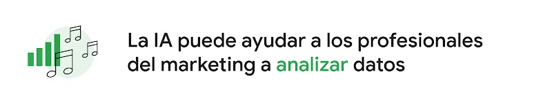 Ilustración de notas musicales rodeando un gráfico de barras junto al título "La IA puede ayudar a los profesionales del marketing a analizar datos".