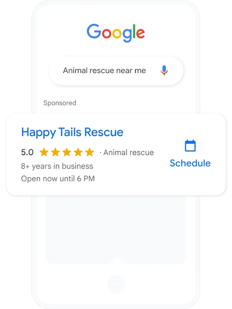 A search query and local services ad for animal rescues nearby.