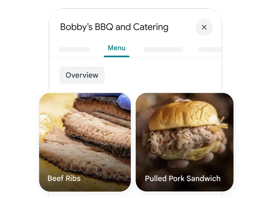 The menu tab on a restaurant’s profile has pictures and names of dishes.