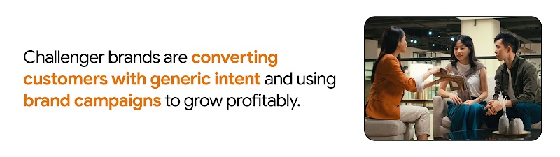 Challenger brands are converting customers with generic intent and using brand campaigns for profitable growth, as three people collaborate in a modern office to optimise their challenger brand strategy.
