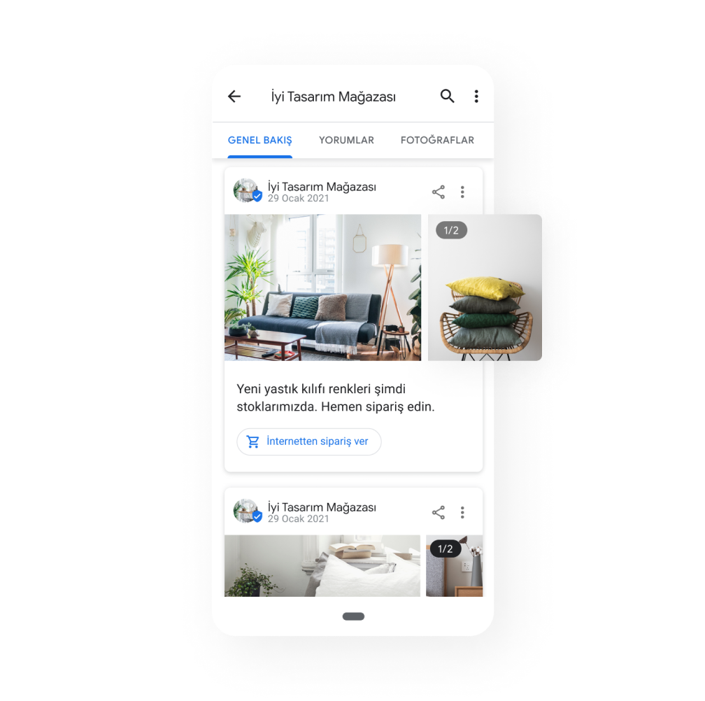 Bir İşletme Profilinde özel teklifler, etkinlikler ve güncellemeleri tanıtan yayını gösteren resim. Yayında bir oturma odasında ve sandalyedeki yastıkların resmi. Yayın metni: Yeni renklerde yastık kılıflarımız geldi.  Şimdi sipariş verin.
