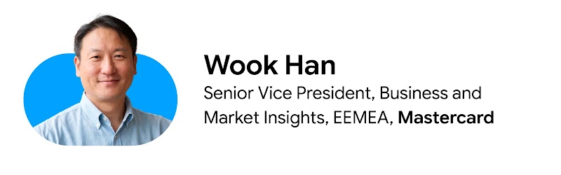 Graphic featuring a headshot of Wook Han, Senior Vice President, Business and Market Insights, EEMEA, Mastercard, framed against a bright blue oval shape on a white background. His name and title are displayed in black text to the right of his photo.