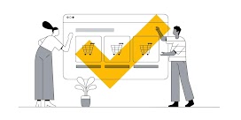 Ilustración donde un hombre y una mujer observan y tocan una gran pantalla que muestra un eCommerce con tres carritos de la compra y un gran tick amarillo.