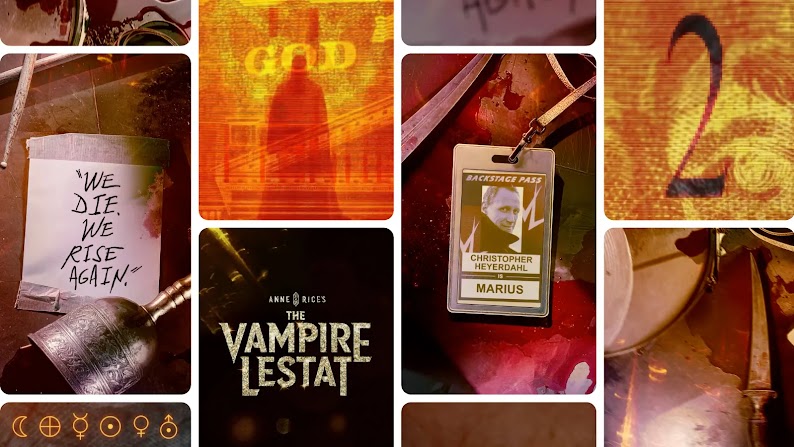 AI-generated collage promoting “Anne Rice’s Immortal Universe” on AMC includes a brass bell and a note reading “We die. We rise again.”; a backstage pass for Christopher Heyerdahl as Marius; and a title card for “Anne Rice’s The Vampire Lestat”.