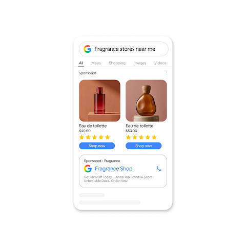 A mobile phone Google Search screen with a search query: “Fragrance stores near me” and in the results it shows ads of perfumes with their names, prices and 5 stars reviews and a card with the Fragrance shop phone.