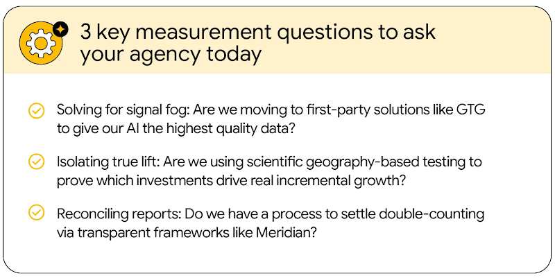 List of 3 questions to ask your agency: 1. Are we moving to first-party solutions to give AI quality data? Are we using scientific geography-based testing to prove which investments drive growth? Do we have a process to settle double counting? 