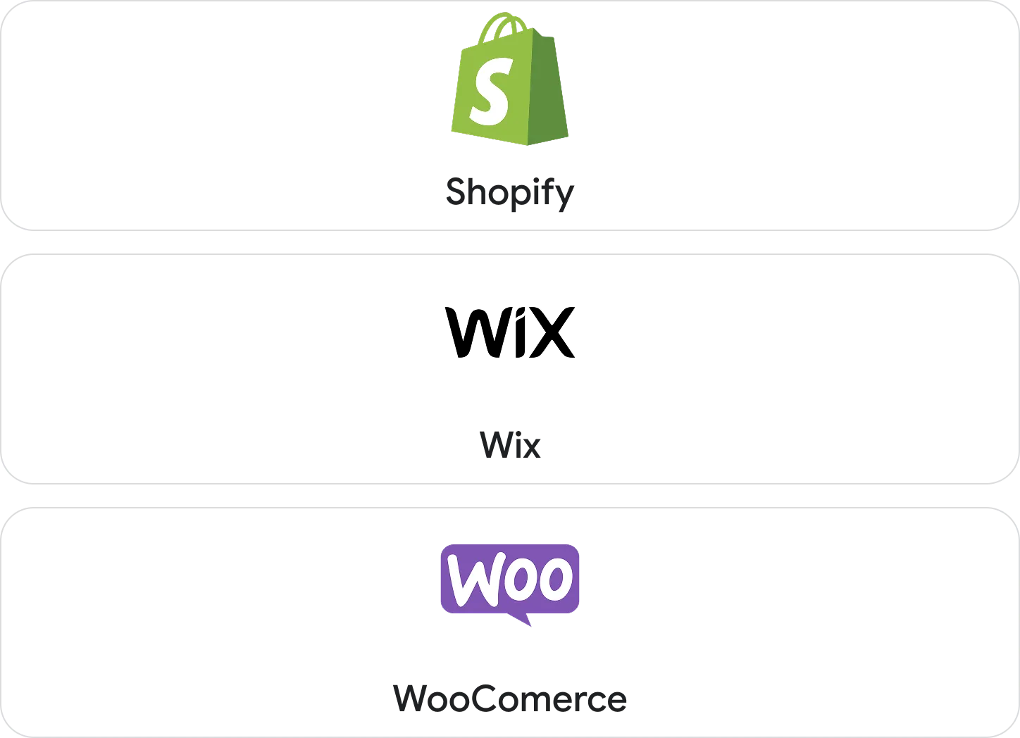 Shopify logo, Wix logo, WooComerce logo