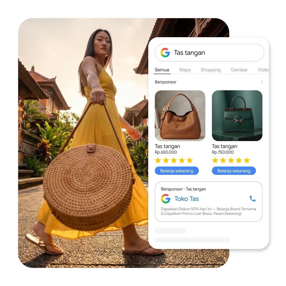 Seorang wanita bergaun kuning membawa tas anyaman bulat di latar luar ruangan, bersandingan dengan antarmuka pencarian Google untuk kata kunci "Tas tangan" yang menampilkan produk tas bersponsor.