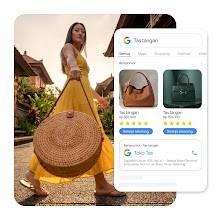 Seorang wanita bergaun kuning membawa tas anyaman bulat di latar luar ruangan, bersandingan dengan antarmuka pencarian Google untuk kata kunci "Tas tangan" yang menampilkan produk tas bersponsor.