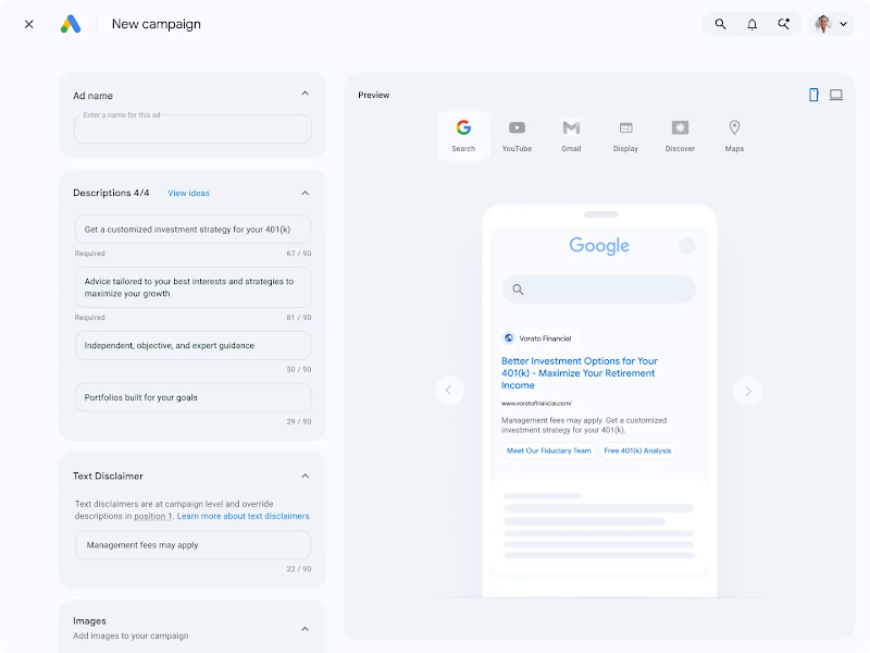 The Google Ads "New campaign" interface showing a "Text Disclaimer" field on the left where "Management fees may apply" is entered. On the right, a mobile ad preview for "Vorato Financial" shows the disclaimer appearing clearly below the main ad copy.