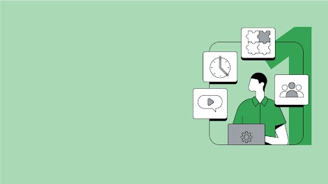 Die Grafik zeigt eine große eins auf der linken Seite und einen Mann mit Laptop auf der rechten Seite.  Die Grafk symbolisiert die Nutzung von Performance Max.