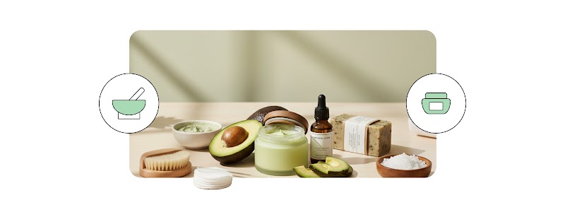 Une photo d’une table sur laquelle sont disposés différents produits alimentaires comme du sel ou des avocats et des produits de beauté comme de l’huile essentielle, un pot de crème et un savon. La photo est encadrée de deux icônes : un récipient pour cui