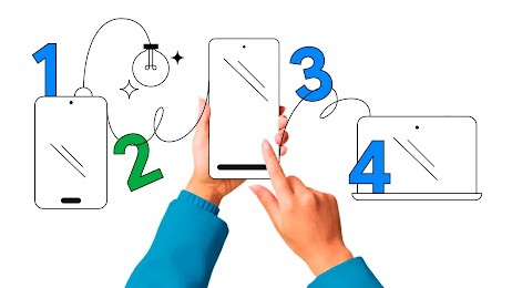 Deux mains tiennent un téléphone illustré, avec une tablette et un ordinateur portable dessinés de chaque côté. Des chiffres verts et bleus sont dispersés sur toute l'image, avec une ampoule et l'icône du diamant Gemini dans le coin supérieur gauche.