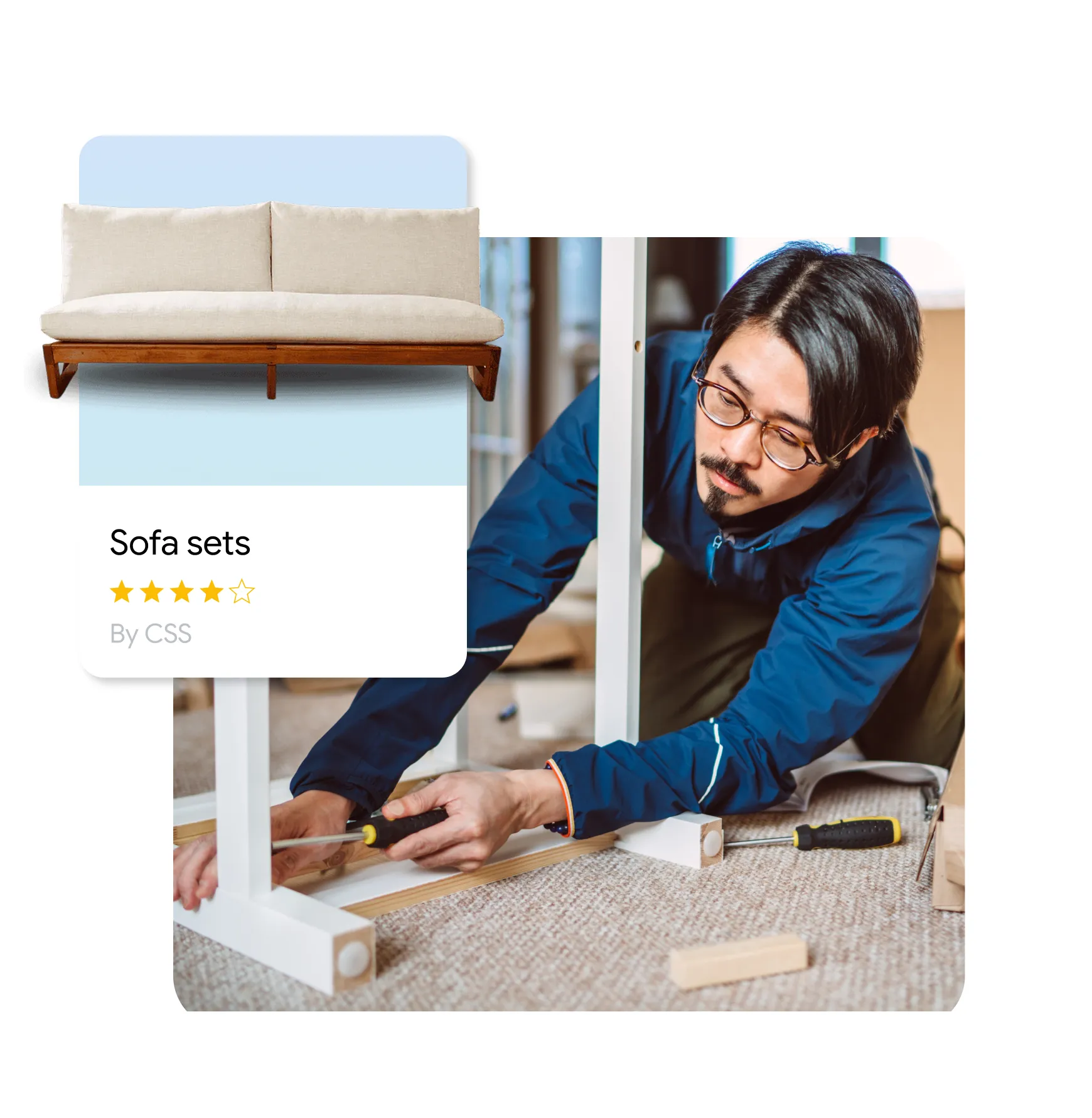  A man wearing glasses and a blue jacket assembles white furniture on a carpeted floor. In the upper-left corner, a product card displays a minimalist wooden sofa set with a four-star rating.