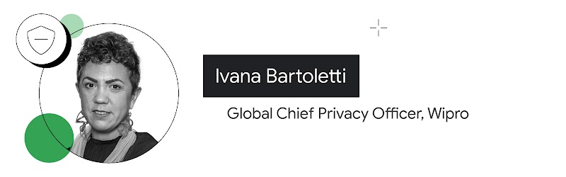 Un escudo representa la protección de la privacidad junto a una foto de Ivana Bartoletti, directora global de Privacidad de Wipro. Bartoletti tiene piel mediana y pelo ondulado corto y oscuro, y usa un top oscuro, una bufanda clara y grandes aretes.