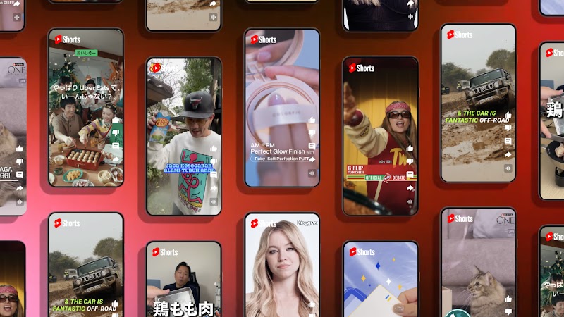 A gallery of mobile devices. Each screen displays a YouTube Shorts ad in progress, as everyday people and influencers talk about products and brands directly to the camera.