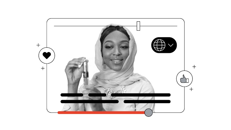 Tesettürlü bir kadın bir YouTube videosunda sunum yapıyor. Kadının çevresine birkaç simge yerleştirilmiş: remiks için yatay bir kaydırma çubuğu, diller için açılır menü simgesi, yer paylaşımlı altyazılar ve bir kalp ile beğenme simgeleri.