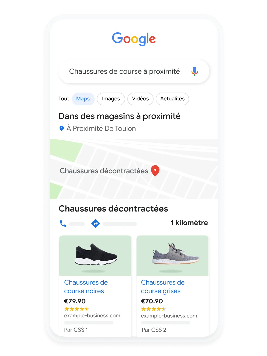 Interface utilisateur pour mobile animée montrant un utilisateur qui recherche des chaussures de course sur Google Maps.