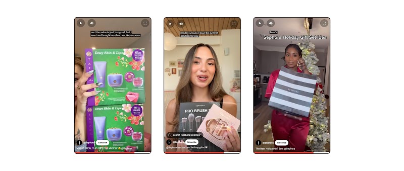 Tres imágenes estáticas de la campaña de YouTube Shorts de Sephora colocadas una al lado de la otra. Las creadoras muestran y describen una variedad de productos de cuidado de la piel y maquillaje, herramientas y sets diseñados para regalar en Navidad.