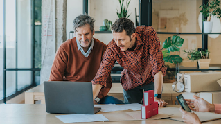 Two men in front of a laptop. The man on the right is pointing at the screen and talking as the man on the left listens.
