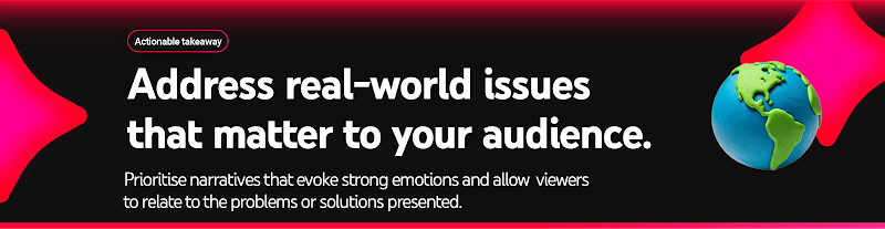 Copy reads: “Address real-world issues that matter to your audience. Prioritise narratives that evoke strong emotions and allow viewers to relate to the problems or solutions presented.” To the right, a Planet Earth icon.