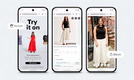 Three views of the “try it on” feature show two product images and woman with long brown hair “trying on” a black top and white maxi skirt.