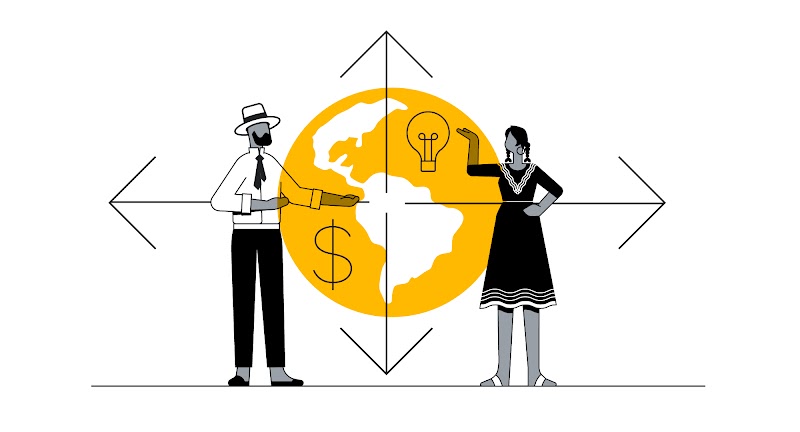 Um homem e uma mulher vestidos com roupas latinas estão em lados opostos apontando para um mapa da América Latina no centro. Por cima deles, setas de bússola. Do lado direito acima do mapa, uma lâmpada. Do lado direito abaixo do mapa, um cifrão.