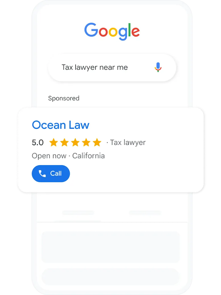 A search query and local services ad for tax lawyers nearby.