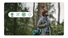 A white bar with GPS, aeroplane, compass, and ticket icons, alongside a smiling man in a forest, represents Indian travel consumers’ path to purchase and travel trends.