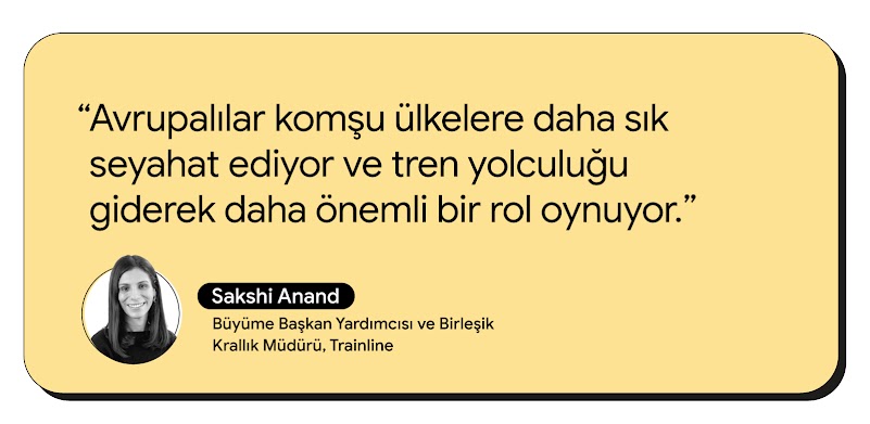 Alıntıyı gösteren bir resim: "Avrupalılar komşu ülkelere daha sık seyahat ediyor ve demiryolu giderek daha önemli bir rol oynuyor." – Sakshi Anand, Trainline Büyümeden Sorumlu Başkan Yardımcısı ve Birleşik Krallık Başkanı.