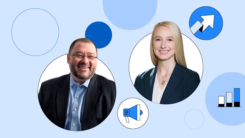 Headshots of Robert Tas and Kelsey Robinson of McKinsey & Company float in bubbles along with icons for business growth, analysis, and marketing.