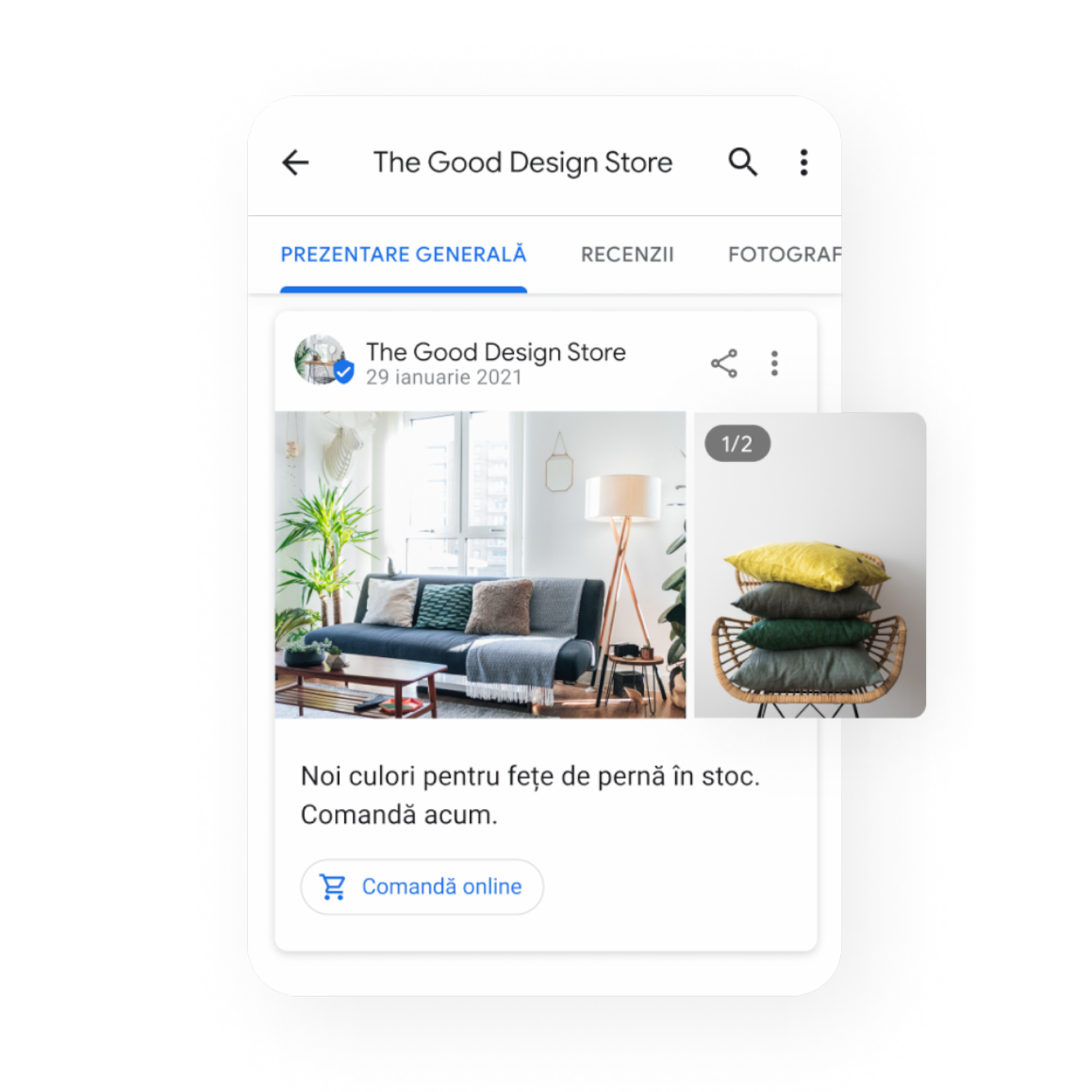 Imagine cu un Profil de companie care prezintă o postare ce promovează oferte speciale, evenimente și actualizări. În postare, apare o imagine cu perne într-un living room și pe un scaun. Textul postării: noi culori pentru fețe de pernă în stoc.  Comandă acum.
