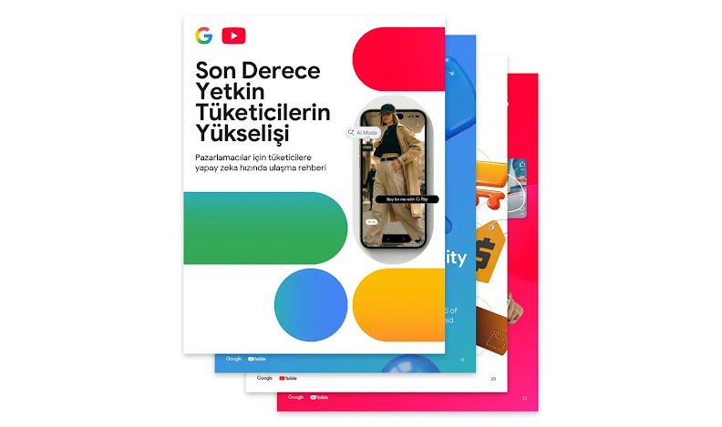 The Rise of Super-Empowered Consumer"ın kapağında başlığın üzerinde Google ve YouTube logoları yer alıyor. Kapak, ana renklerde kapsül şekilleriyle süslenmiş.