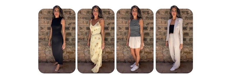 Collage de Maialen Carbajo con 4 looks generados por IA ante una pared de piedra: un vestido largo negro; un vestido lencero claro con cinturón; una camiseta de rayas con minifalda y zapatillas; y un traje de chaqueta y pantalón crudo con un top negro.